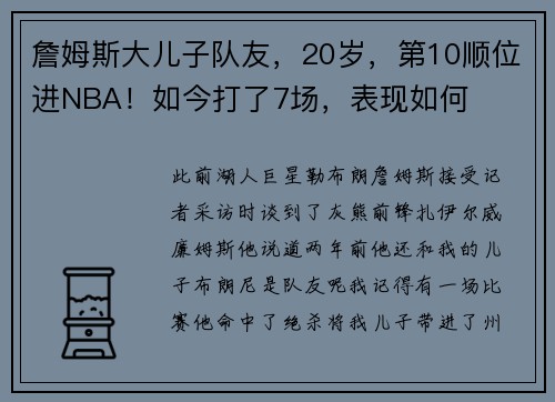 詹姆斯大儿子队友，20岁，第10顺位进NBA！如今打了7场，表现如何